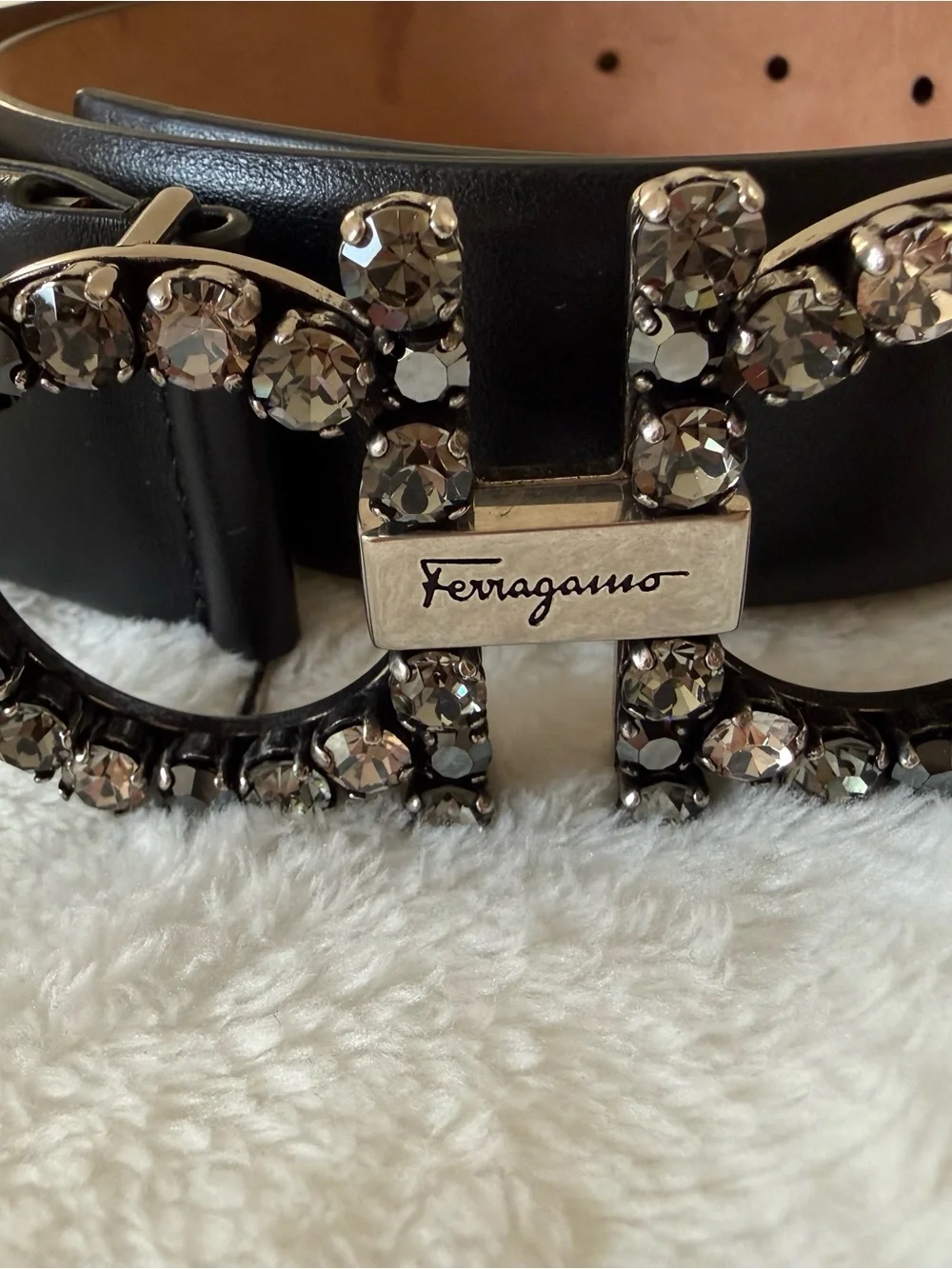 Salvatore Ferragamo Black Leather Belt with Crystal Double Gancini Buckle - Picture 6 of 7
